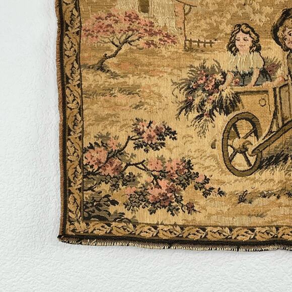 Antique Made in Italy Square Woven Tapestry Wall Decor Kids Playing Gathering - Picture 4 of 7
